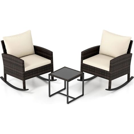 Salon de jardin beige 3 pièces en rotin PE avec 2 fauteuils à bascule et table en verre trempé pour balcon terrasse et jardin
