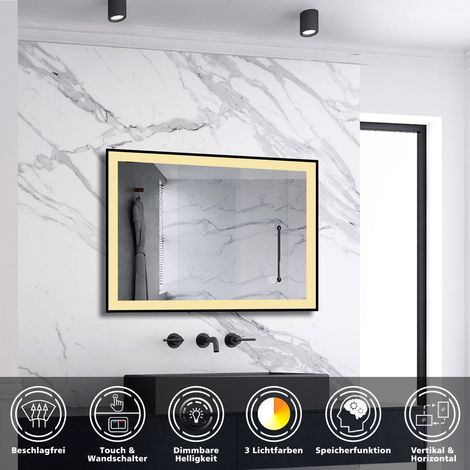 LED Spiegel Schwarzer Rahmen Badspiegel mit Warm/Neutral/Kaltweiß Dimmbar Memory Touch/Wandschalter Beschlagfrei Wandspiegel 1 hour automatische Abschaltung 70X50cm (1/5)