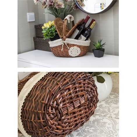 Panier pique-nique en osier tressé artisanal, avec couvercle et anse bois, idéal camping, courses, rangement. (1/5)