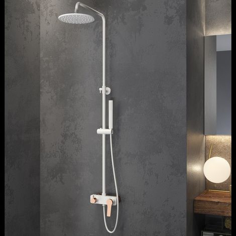 Colonna doccia fissa con deviatore e doccetta finitura bianca con dettagli oro rosa KAM-KANDA BIANCO-RG kamalu