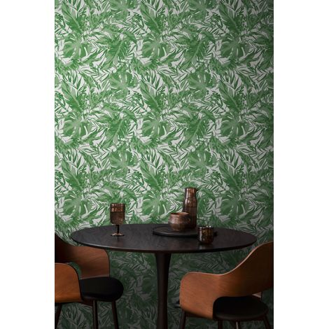 Papier peint intissé feuille et palmier, style tropical aux tons vert, blanc - 10,05 x 0,53 m - collection Cosmopolitan (1/5)