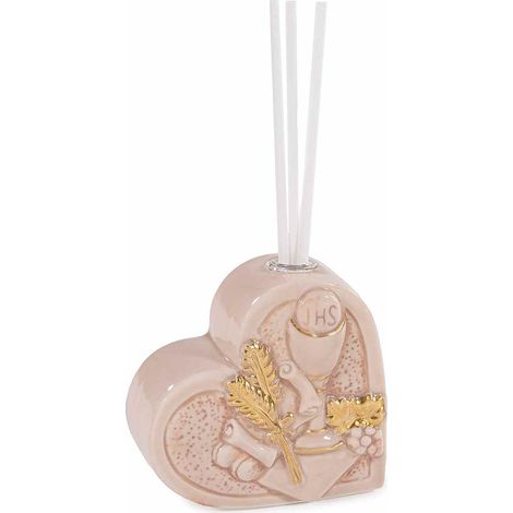 Profumatore bomboniera Comunione a cuore in porcellana con vasetto e stick per profumare, set da 6 pezzi, cm 7,5x3,5x7 H (con stick 15)