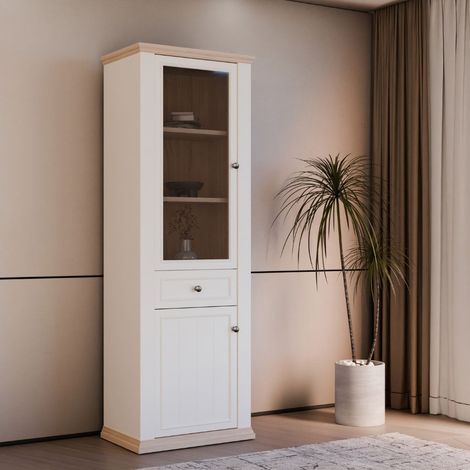 Vetrina Essenza 1 Anta Vetro e 1 Anta con Cassetto Bianco e Rovere 202 cm – Stile Classico (1/5)