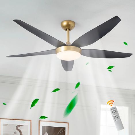 56 Inch Ceiling Fans with Lights, Modern Ceiling Fan with Remote Control, Outdoor Ceiling Fan for Living Room, Bedroom, 5 ABS Blades, 6 Wind Speeds, LED Dimmable (Black & Gold) (1/5)