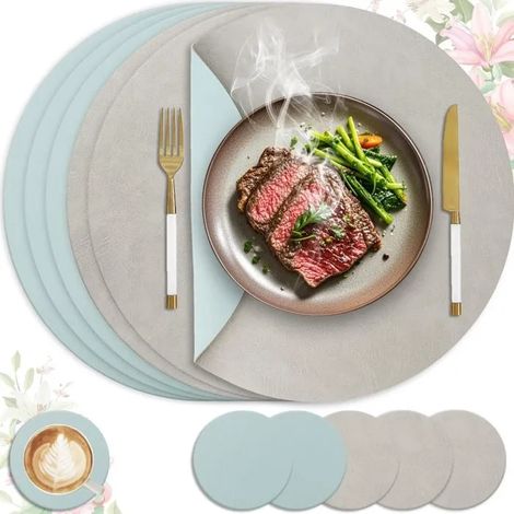 Set de table lavable et antidérapant, lot de 6 en cuir PU double face, 36x36cm rond (gris cl - Gris Clair + Bleu Clair Rond Lot de 6 (1/5)