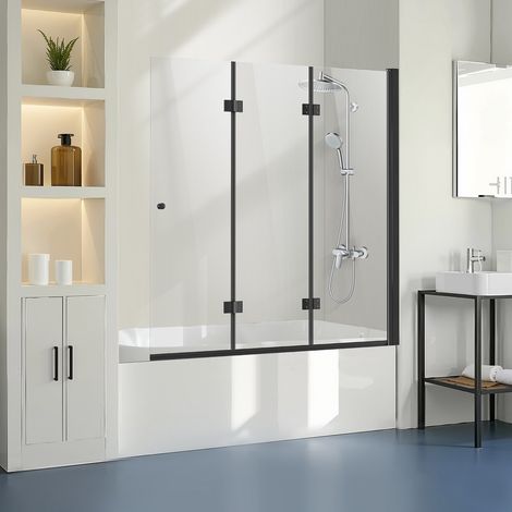 Porte de baignoire-douche sans cadre 1295x1422 mm, pare-baignoire à charnière 3 volets pliable avec porte en verre trempé de 6 mm, conception rotative et pliable à 180°, pour salle de bain, noir (1/5)