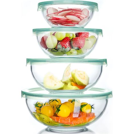 Lot de 4 Bols en Verre, 0.95L 1.5L 2.4L 3.5L, Sans BPA, Micro-ondes, Lave-vaisselle, Cuisine