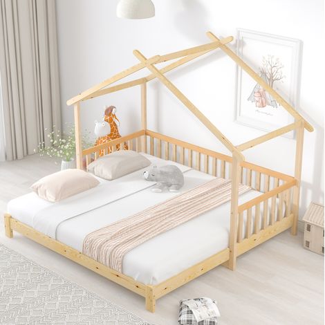 MEUBLIV Lit cabane extensible en pin naturel pour enfant lit simple et double avec barrière sur trois côtés structure stable et montage facile (1/5)