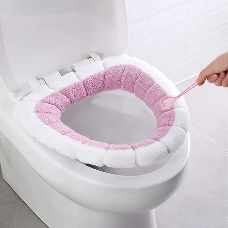 Lot de 2 Housses de Toilette Douces en Coton, Coussin de Siège WC Extensible et Lavable, Couvre-Cuvière Universel avec Boucle de Suspension – Matelas de Toilettes pour Salle de Bains, Rose (1/5)