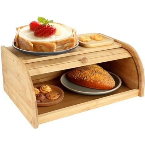 Bamboo bread box, 40 x 27 x 16.5 cm, wooden bread box with roll-up lid, countertop bread box, kitchen bread box (1/4)