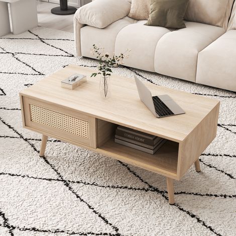 Tavolino rettangolare con anta scorrevole in rattan, tavolino laterale per divano, MDF, 105x55x40 cm, naturale (1/5)
