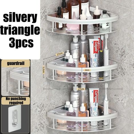 (Silver-A-3PCS) Étagère murale rectangulaire pour salle de bain, porte-serviettes, porte-shampoing mural, support trépied sans perçage. (1/5)