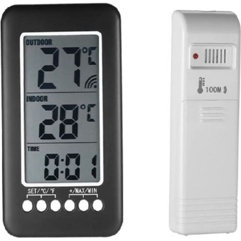 Termometro wireless 2 in 1 per interni ed esterni con orologio e display LCD, misurazione della temperatura in °C/°F con trasmettitore -Crezuo