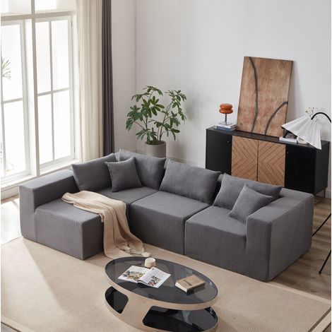 Canapé d’angle modulable 264x167 cm velours côtelé gris 4 modules sans montage - CHICFURN (1/5)