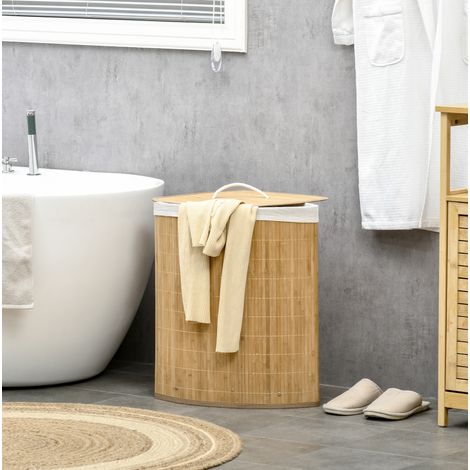 Cesto portabiancheria 38x38x57 cm color legno naturale in bambu con coperchio e sacca interna rimovibile (1/5)