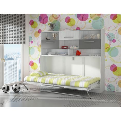 Bim Furniture – Lit escamotable 90x200cm horizontal – Construction moderne – Ouverture sécurisée – Montage mural – Blanc artisanal/Graphite (1/4)