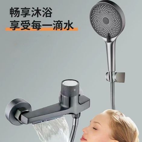 Mischventil aus Vollkupfer für Warm- und Kaltwasser-Duscharmaturen, Dreiwegeventil, Wassermischschalter, Doppeldreh-Badewannen-Duscharmatur - Gunmetal-Grau [runde Handbrause + Wandhalterung + Schlauch