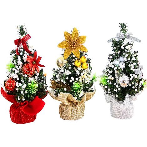 Mini sapin de Noël, sapin de Noël artificiel miniature en 3 pièces, argent, rouge et or. (1/4)