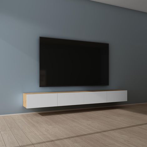 Mai & Mai Fernsehtisch Fernsehschrank TV Schrank Verdeckter Griff mit Soft-Close Lowboard Hängeschrank für Wohnzimmer in Kerneiche + Matt Weiß BTH: 280x40,2x30 cm Fernsehschrank02