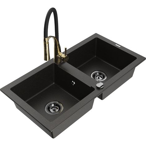 Mexen Mario Granitspüle mit 2 Becken und Küchenarmatur Aster, schwarz/gold metallic - 6504-75-73450-57-B (1/5)