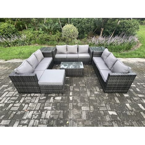 Fimous 10 places Ensemble de meubles de jardin en rotin avec Table basse 2 Tables d'appoint grand tabouret Mélange gris foncé (1/5)