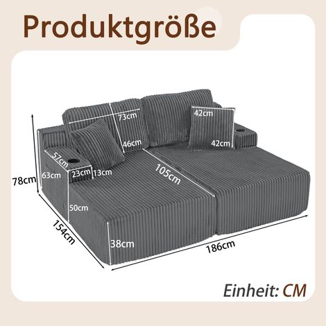 Canapé convertible 2 places relax, fauteuil lounge en tissu côtelé doux, avec poche magazine latérale, porte-verre et coussin, idéal pour salon, salle de jeux, bureau, chambre d'amis et appartement, g (1/5)