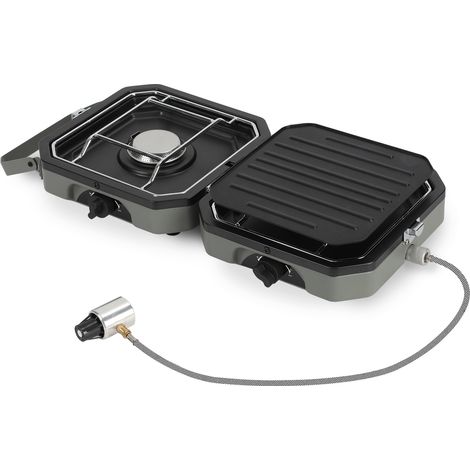 Randaco Tragbarer Campingkocher Gas, 2-flammig, mit Grillplatte und verchromten Rosten, Sicherheitsabschaltung, Outdoor Gaskocher für Camping, Garten und Reise