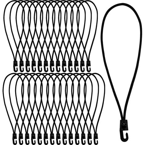 Lot de 30 tendeurs en caoutchouc avec crochets - 25 cm - Multifonctionnel - Avec crochet - Noir - Pour bâches, tentes, camping, remorque, piscine (1/5)