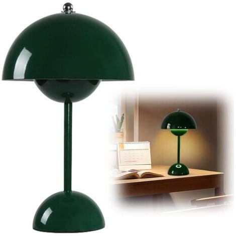 VURAHOME - Lampe Champignon, Lampe de Table Sans Fil, Portable Entièrement Graduable, Macaron de Table Tactile avec 3 Modes de Luminosité, Lampe de Chevet Rétro (Vert Foncé) (1/5)