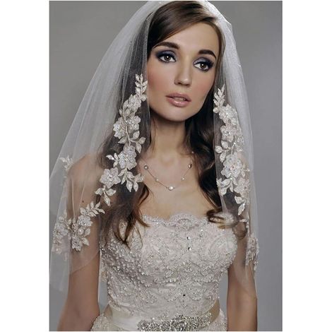 Voile de mariée 2 couches, fil argenté, bordure dentelle et perles, longueur coude, accessoire cheveux femme fille, blanc, taille unique (1/5)