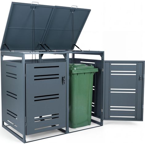 Cache Poubelle Exterieur pour 2 Bacs à Déchets, 1,24 m³ Abri de Jardin en Métal avec Vérin à Gaz, Amortisseur, Portes Verrouillables, Gris (1/5)