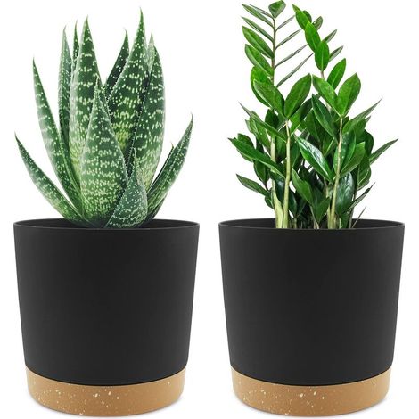 Set of 2 16cm Pots, Indoor Planters with Drainage Holes and Removable Base, Modern Decorative Saucer for Outdoor Planters (Black 16cm) (1/5)