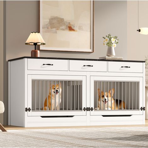 Caseta para perros de MDF y metal, 3 cajones, puerta abatible, 164 x 60 x 81 cm, blanco/negro (1/5)