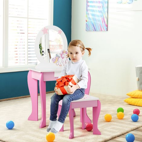 Coiffeuse pour Enfant Table de Maquillage avec Tabouret Miroir Détachable et 1 Tiroir de Rangement (1/5)