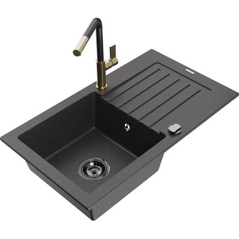 Mexen Pablo 1 Becken-Granitspüle mit Abtropffläche und Mischbatterie Flora, Schwarz gesprenkelt - 65 (1/5)