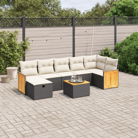 Ensemble Jardin 8 Places Noir Résine Tressée avec Table Acacia et Coussins Crème - Salon d'Extérieur Modulaire (1/4)