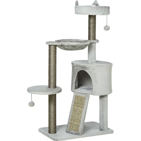 PawHut Kratzbaum Katzenbaum mit Katzenhöhle Sisalsäule Katzenkratzbaum Spielbaum mit Rampe Katzenspielzeug Hellgrau 113 cm (1/4)