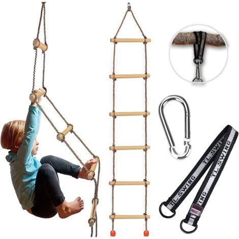Ciel-Échelle en Bois avec mousquetons,Échelle de Corde pour Enfants,Équipement de Jeu pour échelle d'arbre,Jouets d'escalade pour balançoire,Échelle en Corde à Bascule (1/5)