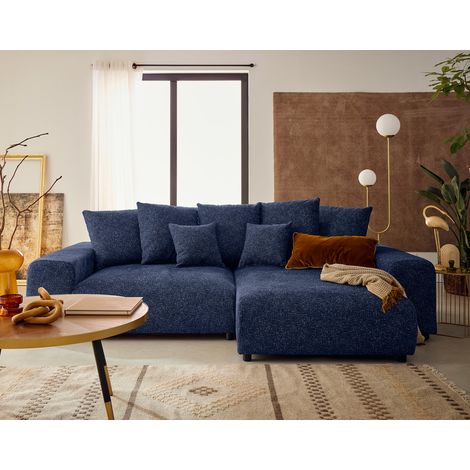 Spice - 4-sitzer ecksofa beidseitig montierbar schlaffunktion und bettkasten aus gesprenkeltem stoff - marineblau