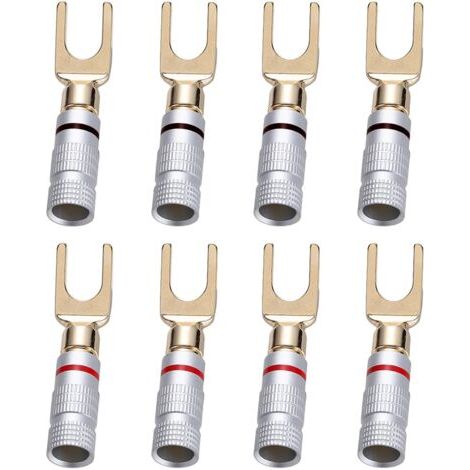 BUNTHAUS 8 Pièces Y Plug U fourche fiche banane 45 degrés vis pelle connecteur pour haut parleur fil bricolage, résistant à la corrosion, 4 noir et 4 rouge (1/5)