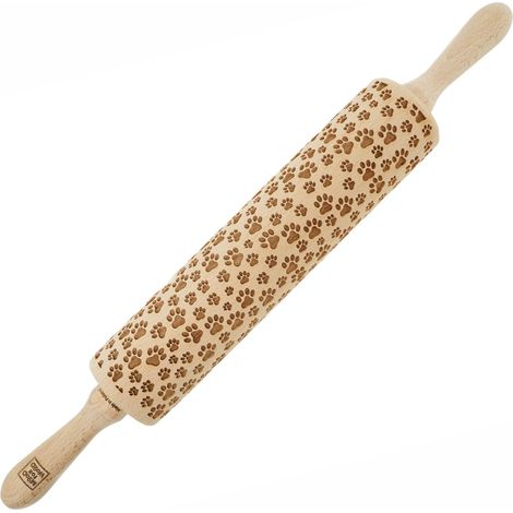 Rodillo de madera MoodForWood, grabado, 43 cm con asas, perfecto para hornear - Diseño de pata (1/5)