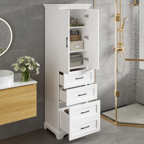 Meuble de salle de bain de 57 × 38 × 180 cm, en MDF, avec 3 tiroirs, 1 placard, 3 étagères, des étagères réglables, des charnières à fermeture douce, des poignées noires et une finition blanche.
