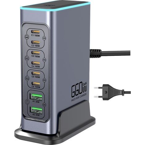 660W USB-C Ladegerät - 8 Anschlüsse - Schnellladestation mit 6 USB-C Anschlüssen + 2 USB-A Anschlüssen - Für MacBook Pro/Air, iPad/iPhone 15 Pro usw. (1/5)