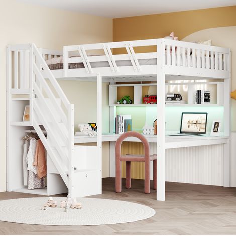 Lit simple, en bois massif et bois, éclairage LED, USB, blanc, 140 x 200 cm, pour chambre enfant, bureau, cadre solide, escalier avec placard