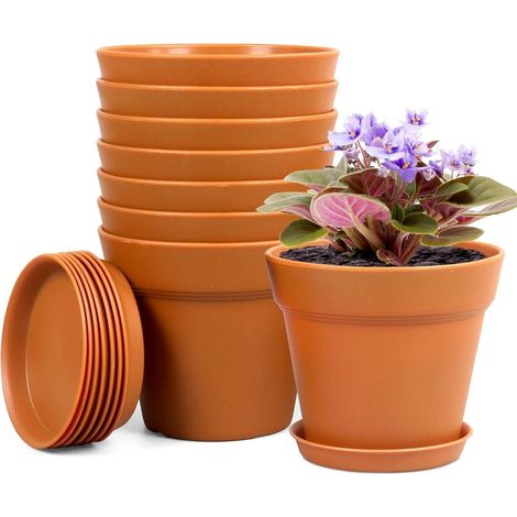 Blumentopf 8er Set Plastik 10cm Untersetzer Hydrokultur Terrakotta 4IN (1/5)