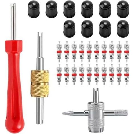 Kit di riparazione valvole per pneumatici da 33 pezzi con 20 nuclei valvola, 10 tappi, attrezzo a 4 vie e a testa singola/doppia, per auto, moto, bicicletta (valvola Schrader standard) - (1/5)