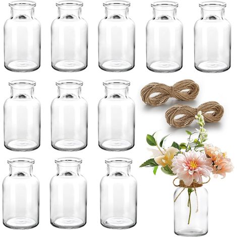 Set mit 12 Mini-Glasvasen, kleine dekorative Blumenbehälter mit Schnur - für moderne Tischdekorationen, Tischdekorationen (1/5)
