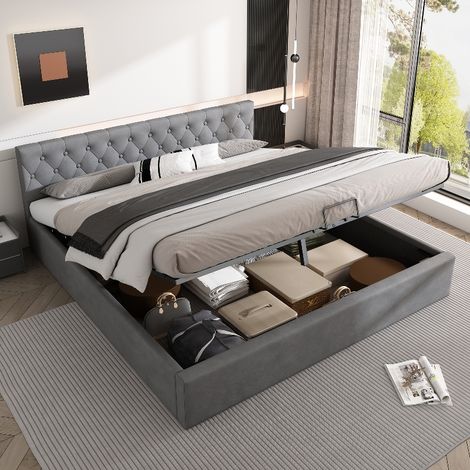 Samtpolsterbett 180x200 cm mit Stauraum, hydraulisches Doppelbett inklusive Lattenrost, elegantes Design mit geknöpftem Kopfteil, Grau (1/5)
