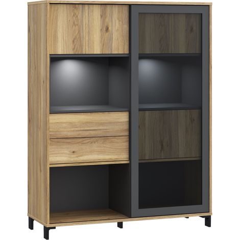 Vitrine SOUTH BEACH – Finition Chêne Mauvella / Gris Foncé – 3 Portes dont 2 Vitrées – 2 Tiroirs – 115,5 × 39,7 × 149,6 cm (1/5)