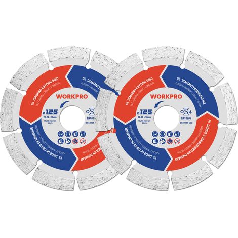 Workpro – Lot de 2 disques diamantés 125 mm – Pour carrelage, béton, pierre, brique, granit, marbre – Alésage 22,2 mm – Vitesse max 12 250 tr/min (1/5)